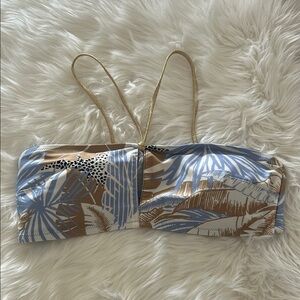 Aerie Bandeau Tropical Print Bikini Top Blue Cream and Gold Size Large